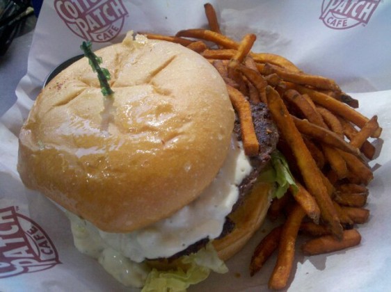 cotton patch burger with sweet potato fries
